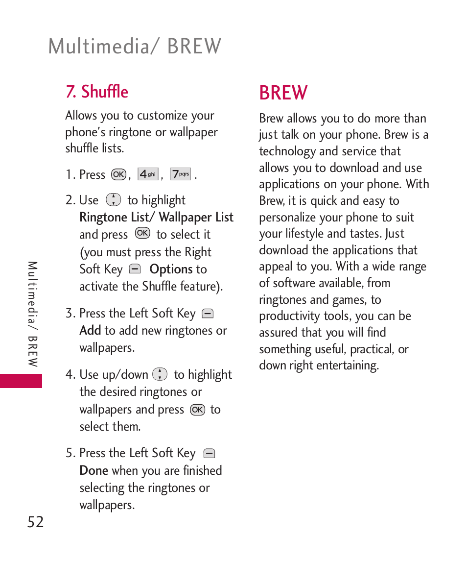 Multimedia/ brew, Brew, Shuffle | LG Wine II MMBB0386201 User Manual | Page 54 / 121