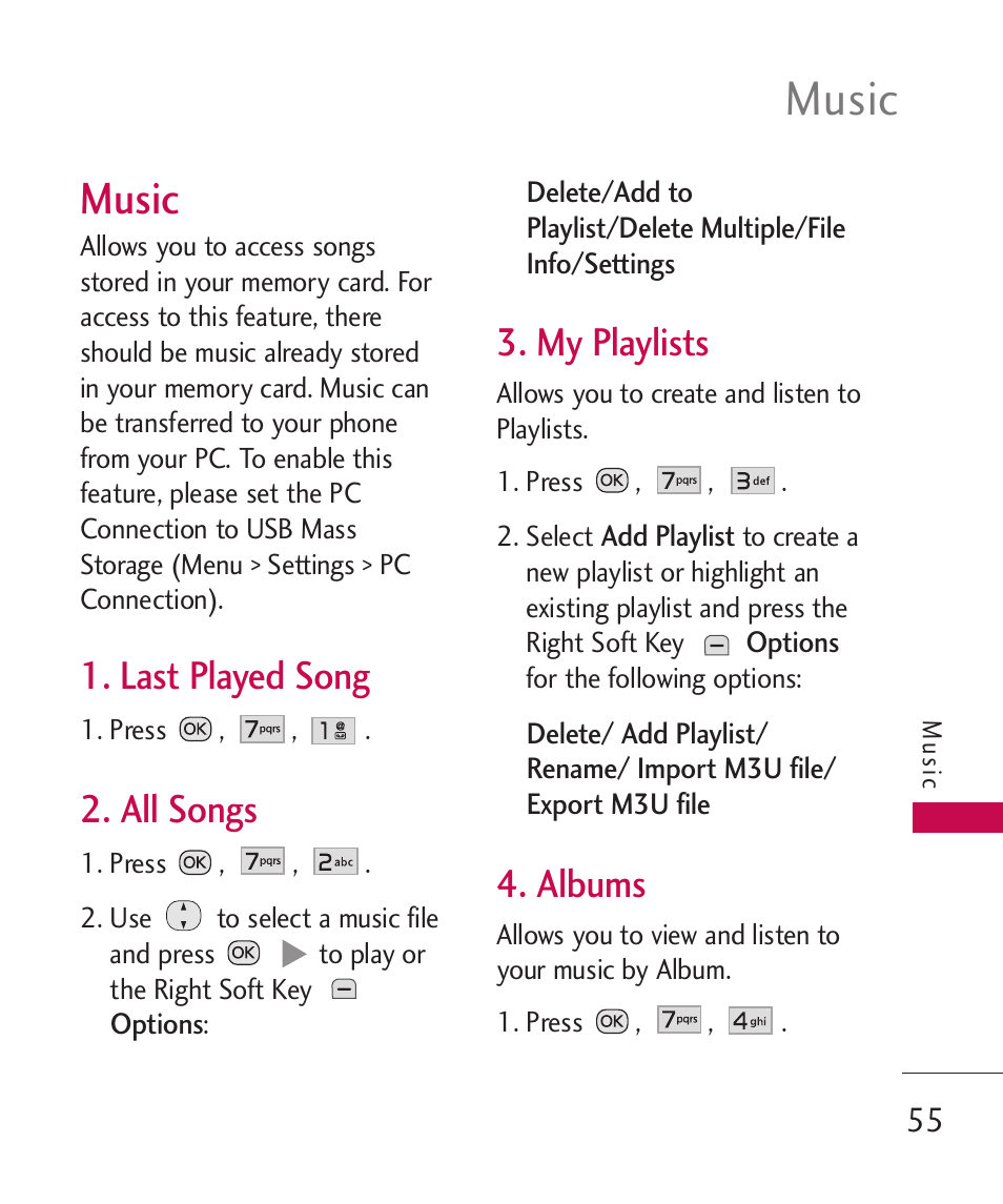 Music, Last played song, All songs | My playlists, Albums | LG Wine II MMBB0386201 User Manual | Page 57 / 121