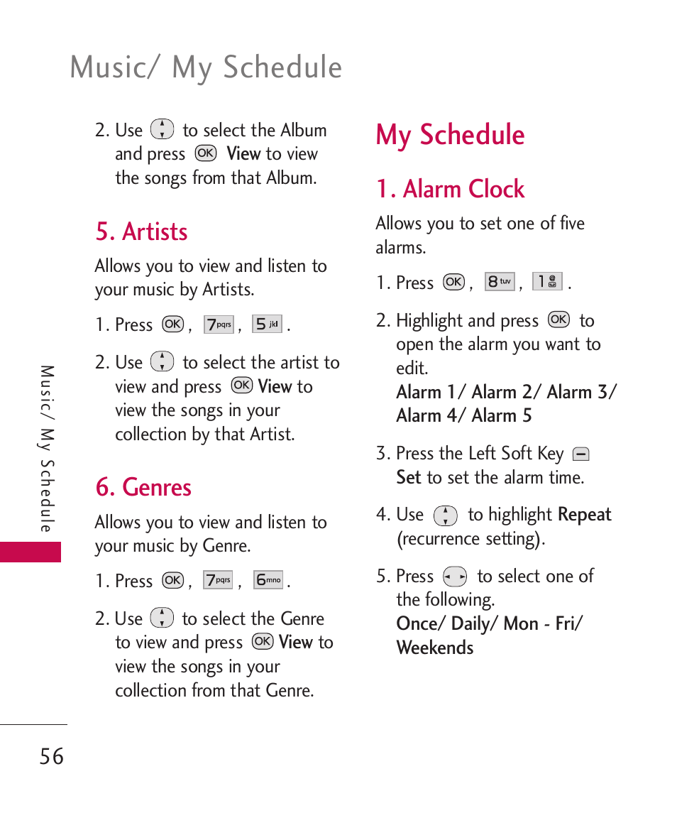 Music/ my schedule, My schedule, Artists | Genres, Alarm clock | LG Wine II MMBB0386201 User Manual | Page 58 / 121