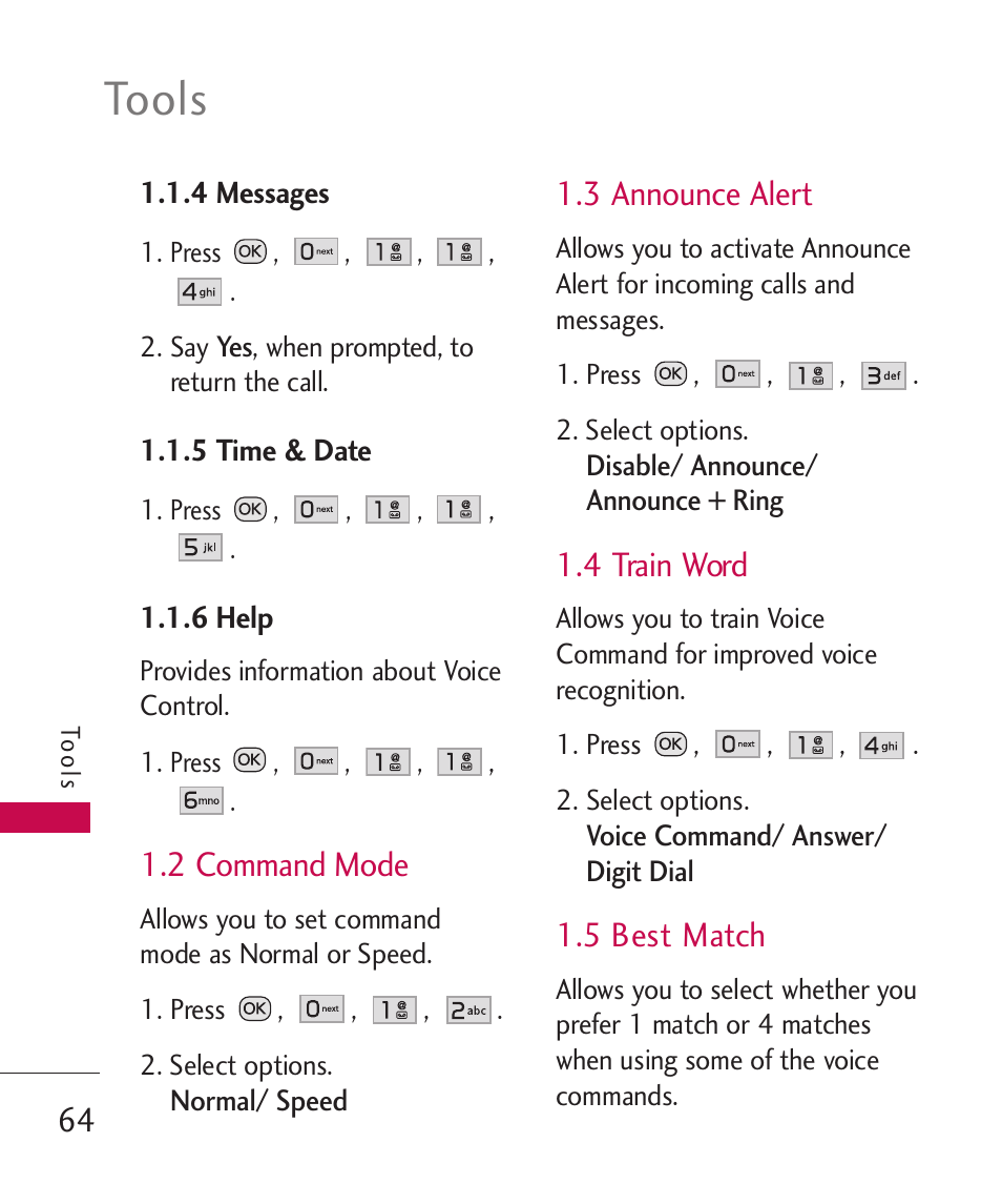 Tools, 2 command mode, 3 announce alert | 4 train word, 5 best match | LG Wine II MMBB0386201 User Manual | Page 66 / 121