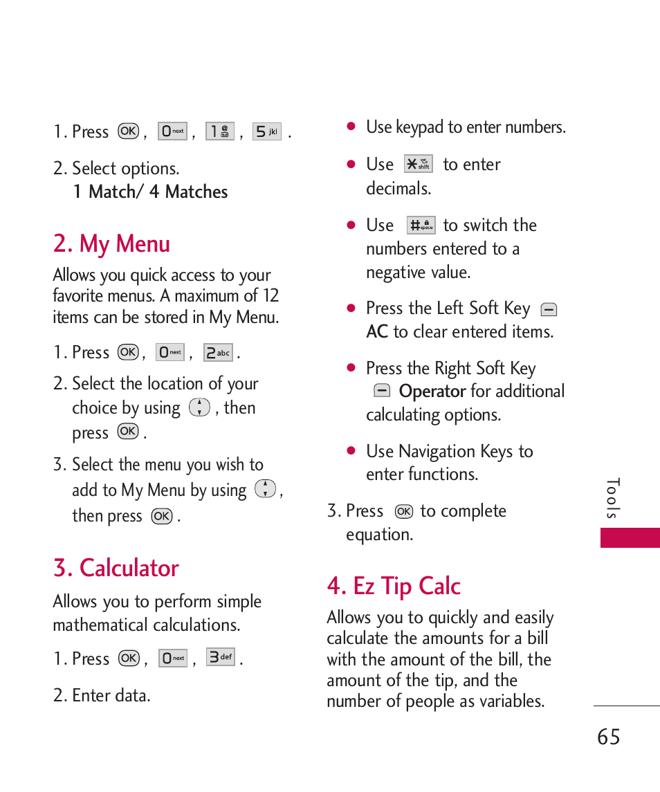 My menu, Calculator, Ez tip calc | LG Wine II MMBB0386201 User Manual | Page 67 / 121