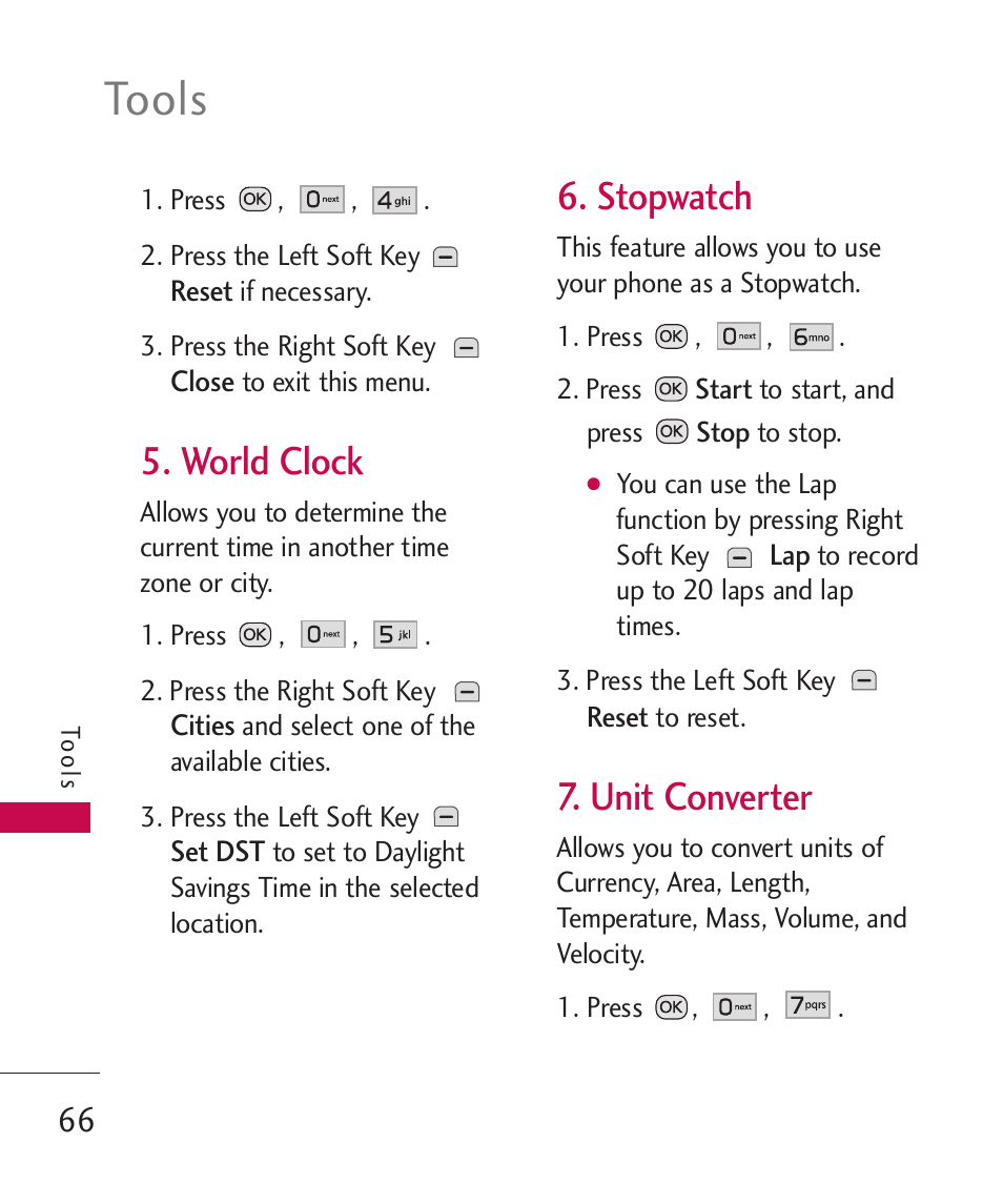 Tools, World clock, Stopwatch | Unit converter | LG Wine II MMBB0386201 User Manual | Page 68 / 121