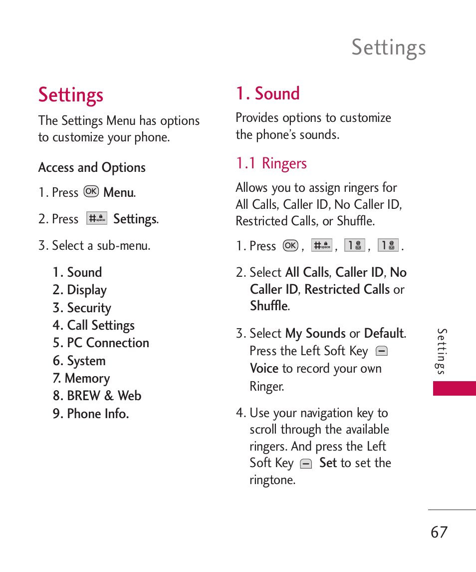 Settings, Sound, 1 ringers | LG Wine II MMBB0386201 User Manual | Page 69 / 121