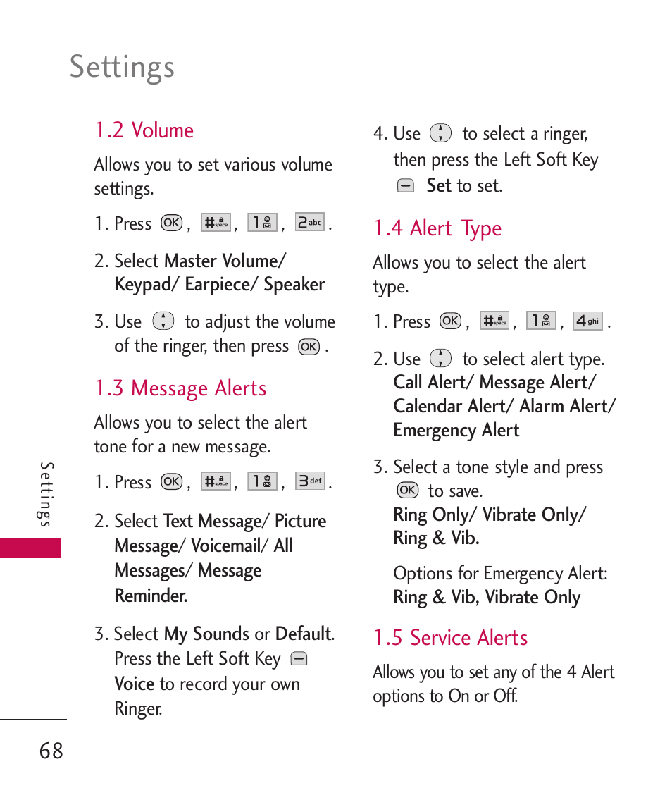 Settings, 2 volume, 3 message alerts | 4 alert type, 5 service alerts | LG Wine II MMBB0386201 User Manual | Page 70 / 121