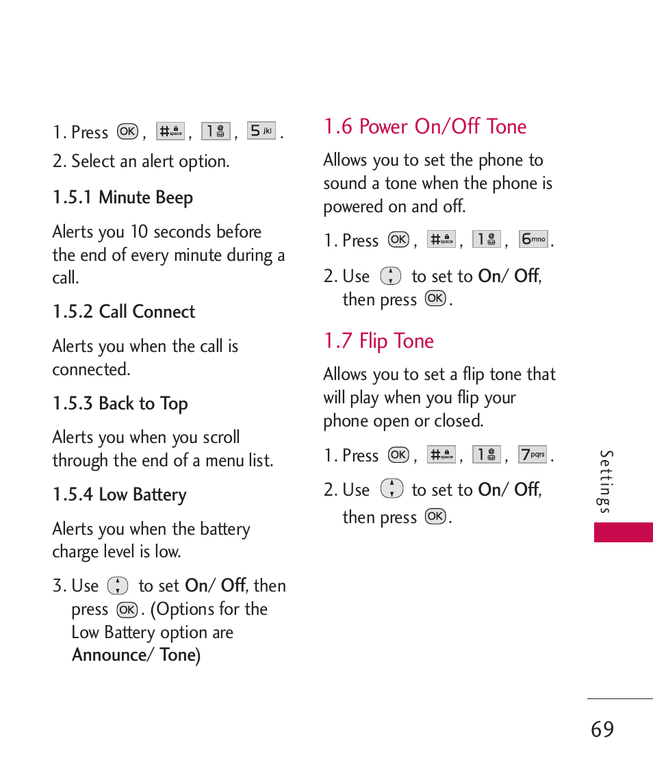 6 power on/off tone, 7 flip tone | LG Wine II MMBB0386201 User Manual | Page 71 / 121