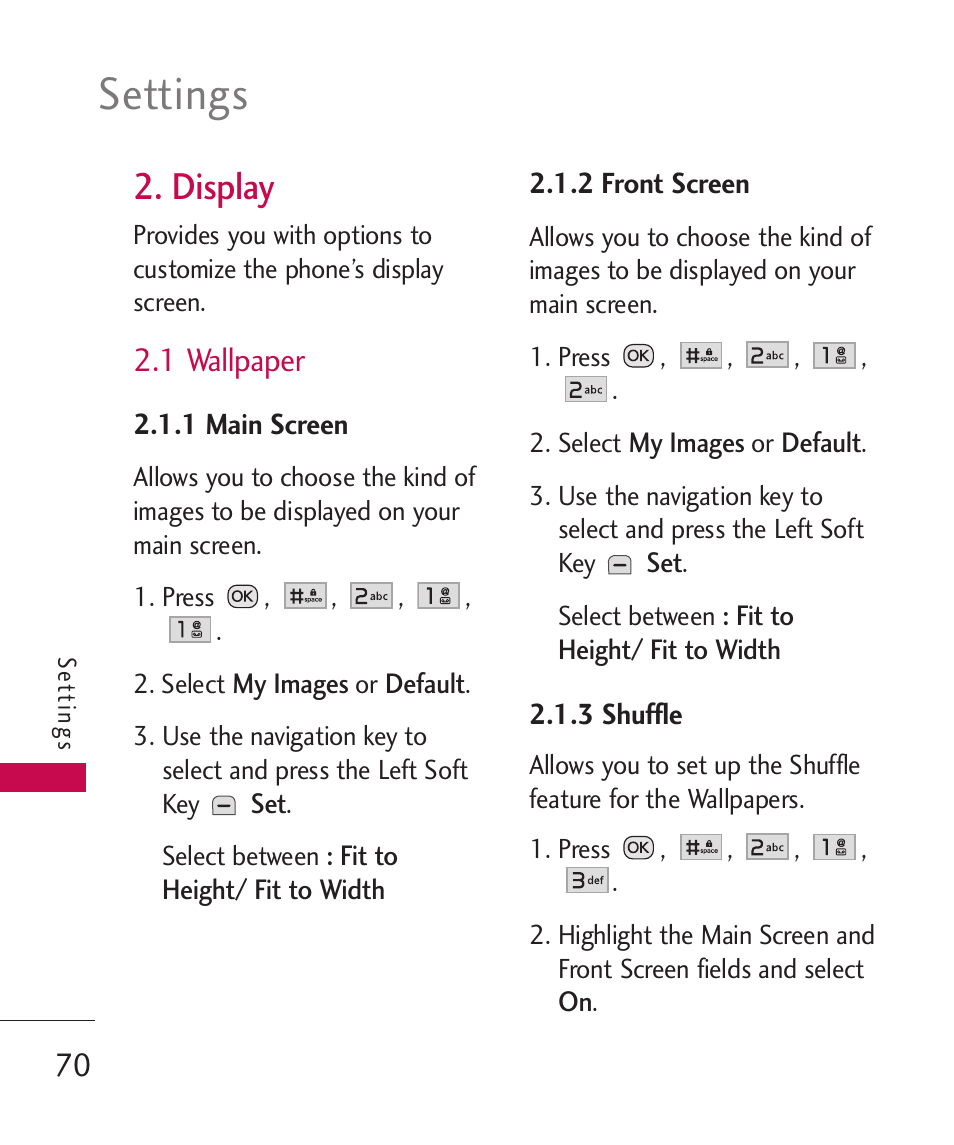 Settings, Display, 1 wallpaper | LG Wine II MMBB0386201 User Manual | Page 72 / 121