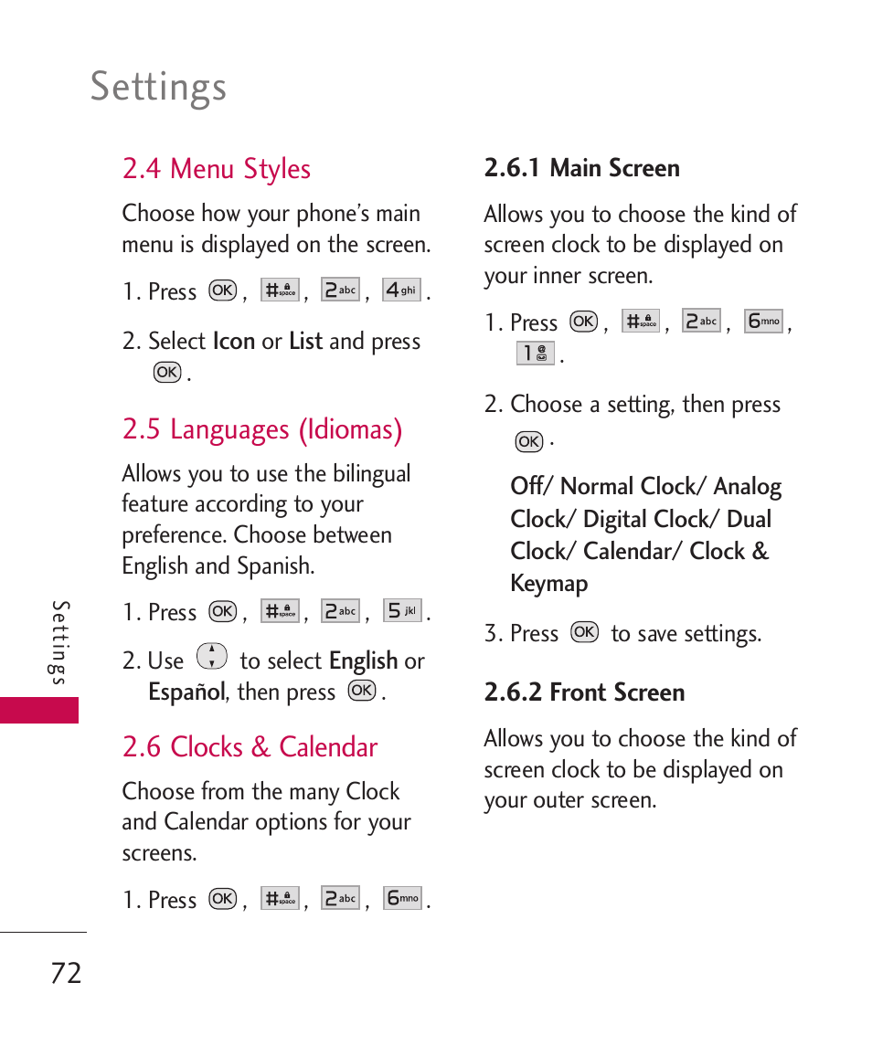 Settings, 4 menu styles, 5 languages (idiomas) | 6 clocks & calendar | LG Wine II MMBB0386201 User Manual | Page 74 / 121