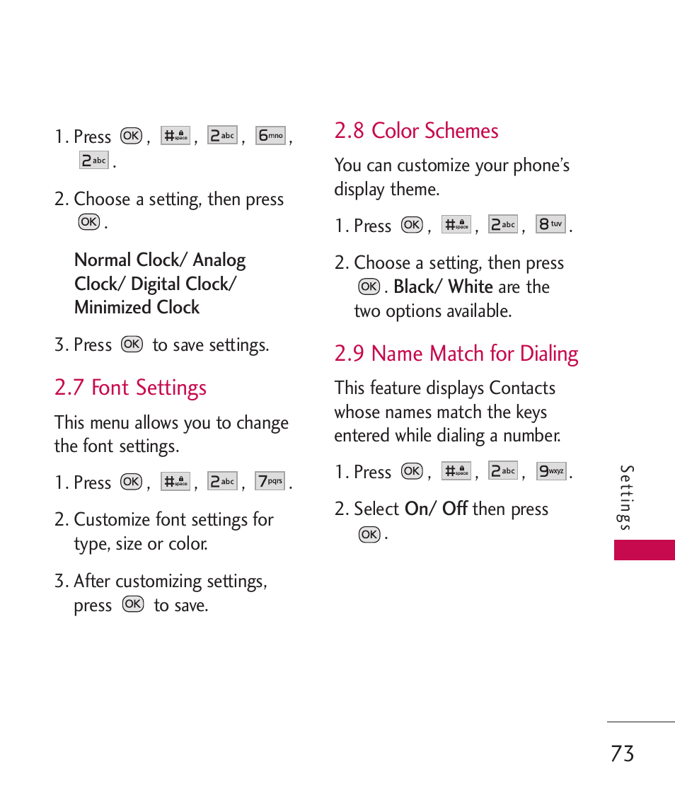 7 font settings, 8 color schemes, 9 name match for dialing | LG Wine II MMBB0386201 User Manual | Page 75 / 121