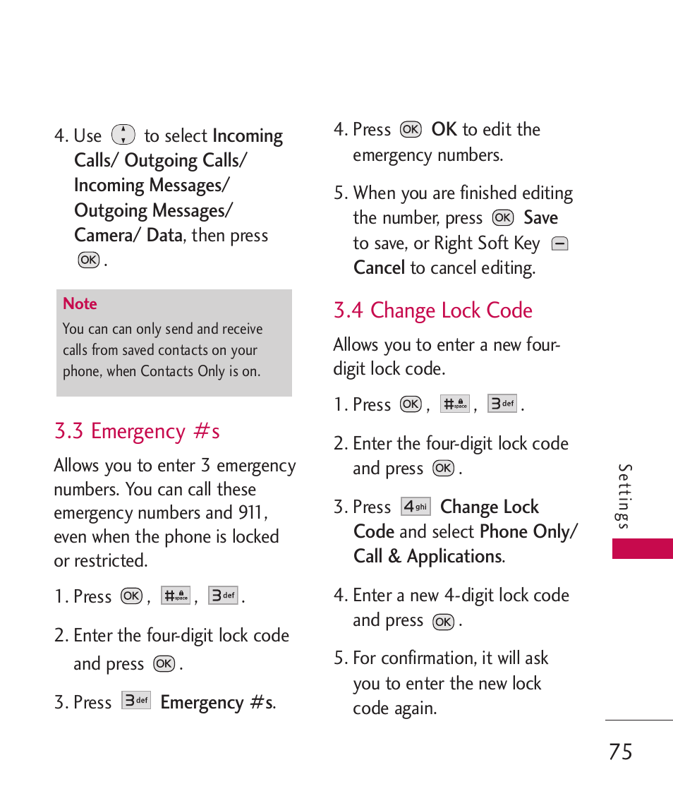 3 emergency #s, 4 change lock code | LG Wine II MMBB0386201 User Manual | Page 77 / 121