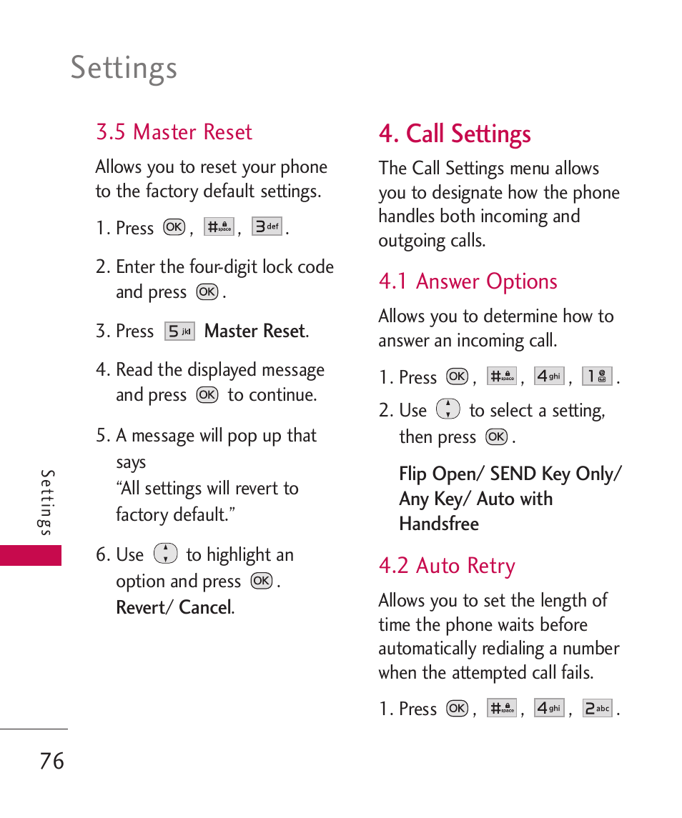 Settings, Call settings, 5 master reset | 1 answer options, 2 auto retry | LG Wine II MMBB0386201 User Manual | Page 78 / 121