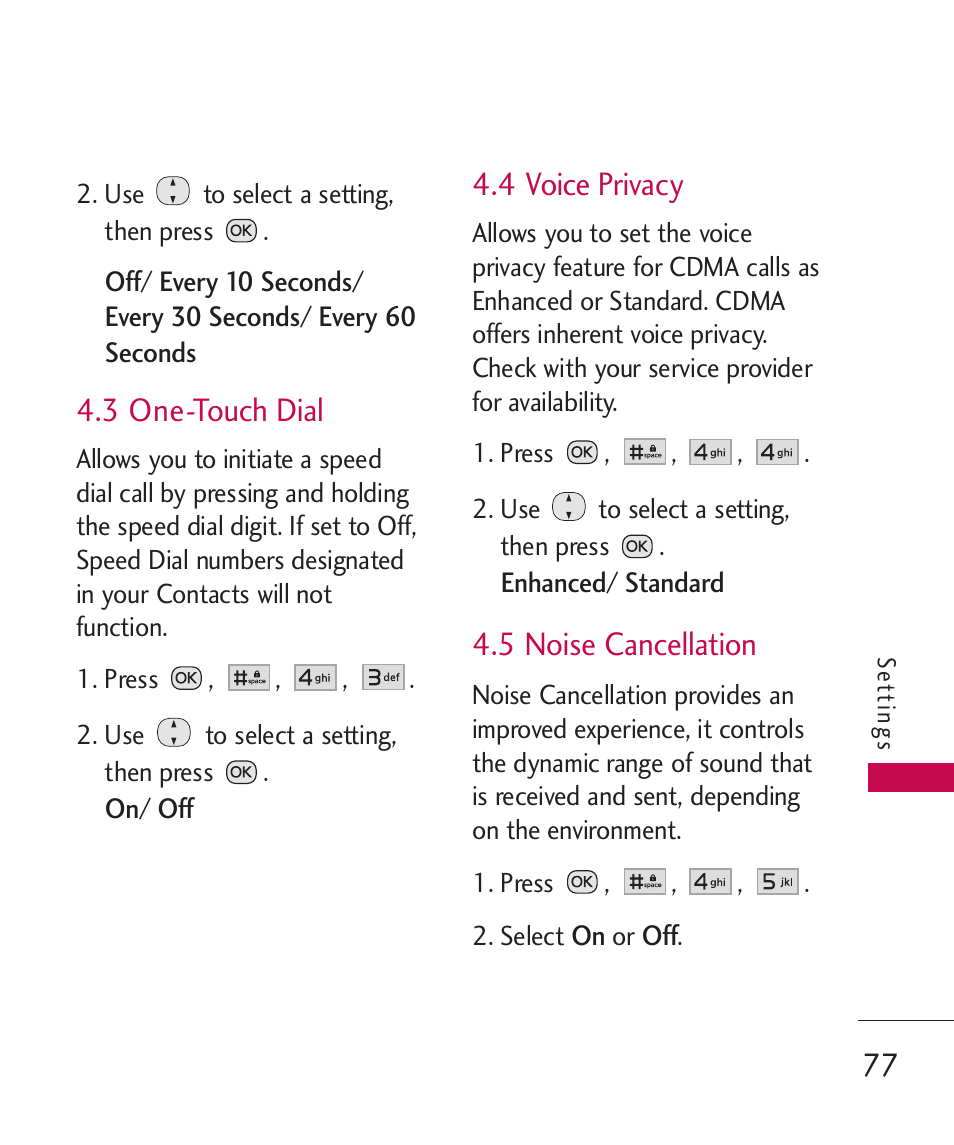 3 one-touch dial, 4 voice privacy, 5 noise cancellation | LG Wine II MMBB0386201 User Manual | Page 79 / 121