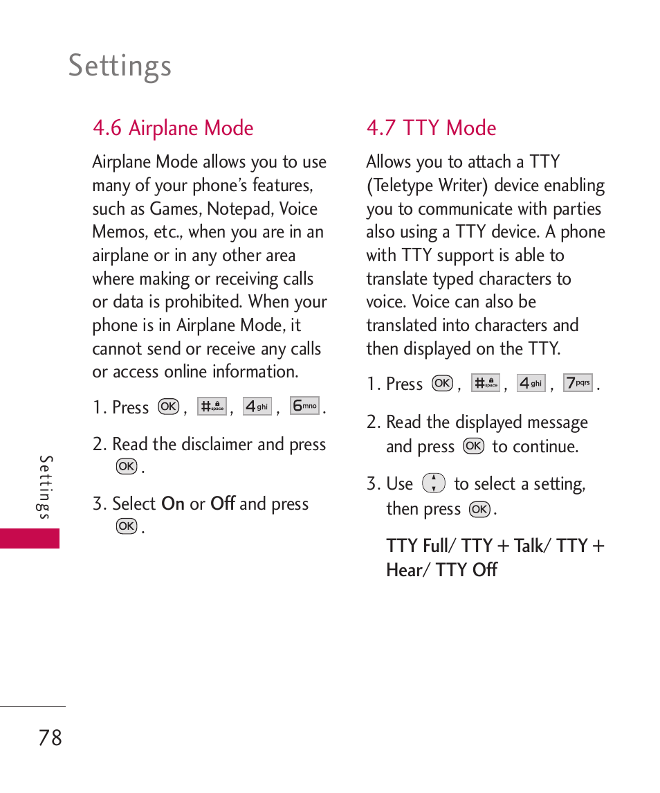 Settings, 6 airplane mode, 7 tty mode | LG Wine II MMBB0386201 User Manual | Page 80 / 121