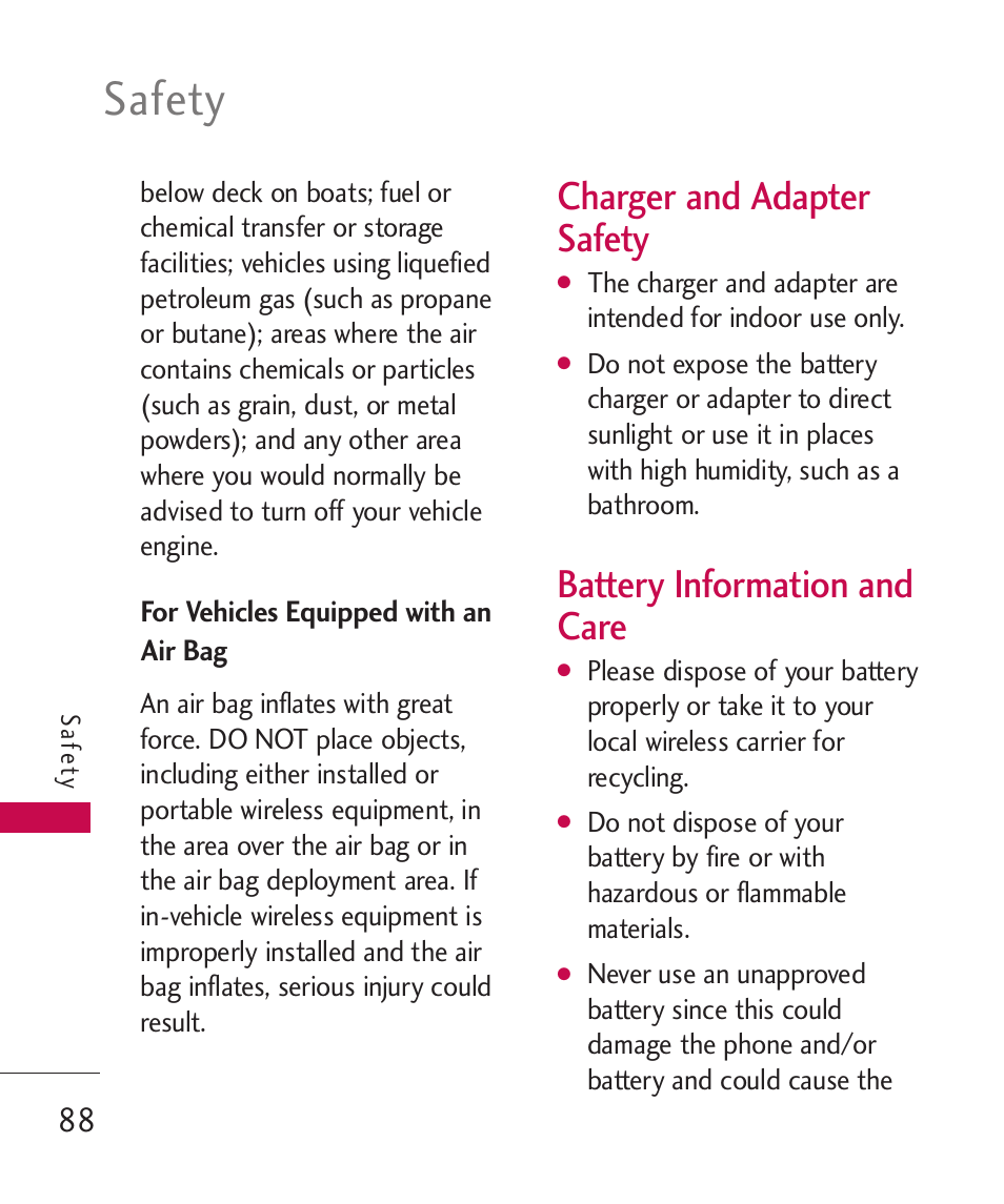 Safety, Charger and adapter safety, Battery information and care | LG Wine II MMBB0386201 User Manual | Page 90 / 121