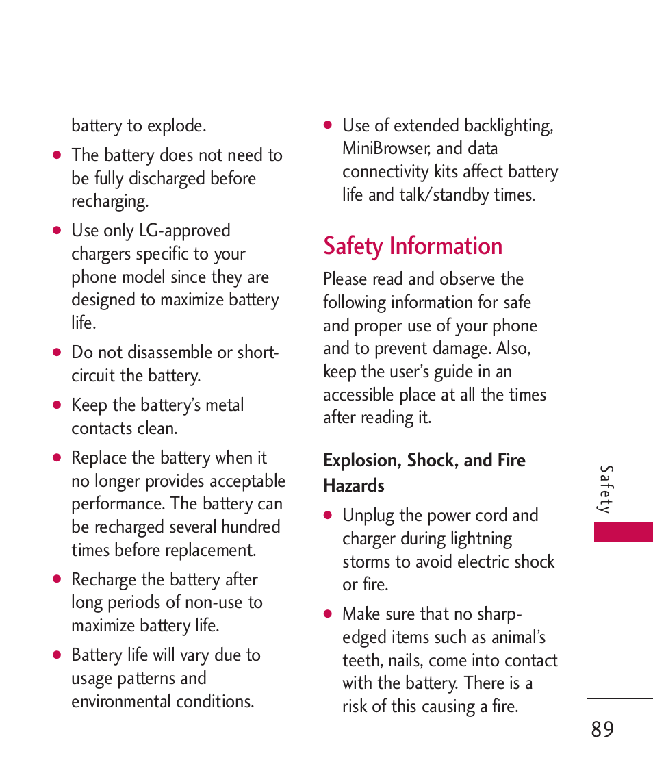 Safety information, Explosion, shock, and fire hazards | LG Wine II MMBB0386201 User Manual | Page 91 / 121