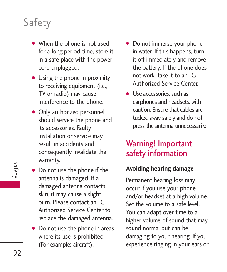 Safety, Warning! important safety information | LG Wine II MMBB0386201 User Manual | Page 94 / 121