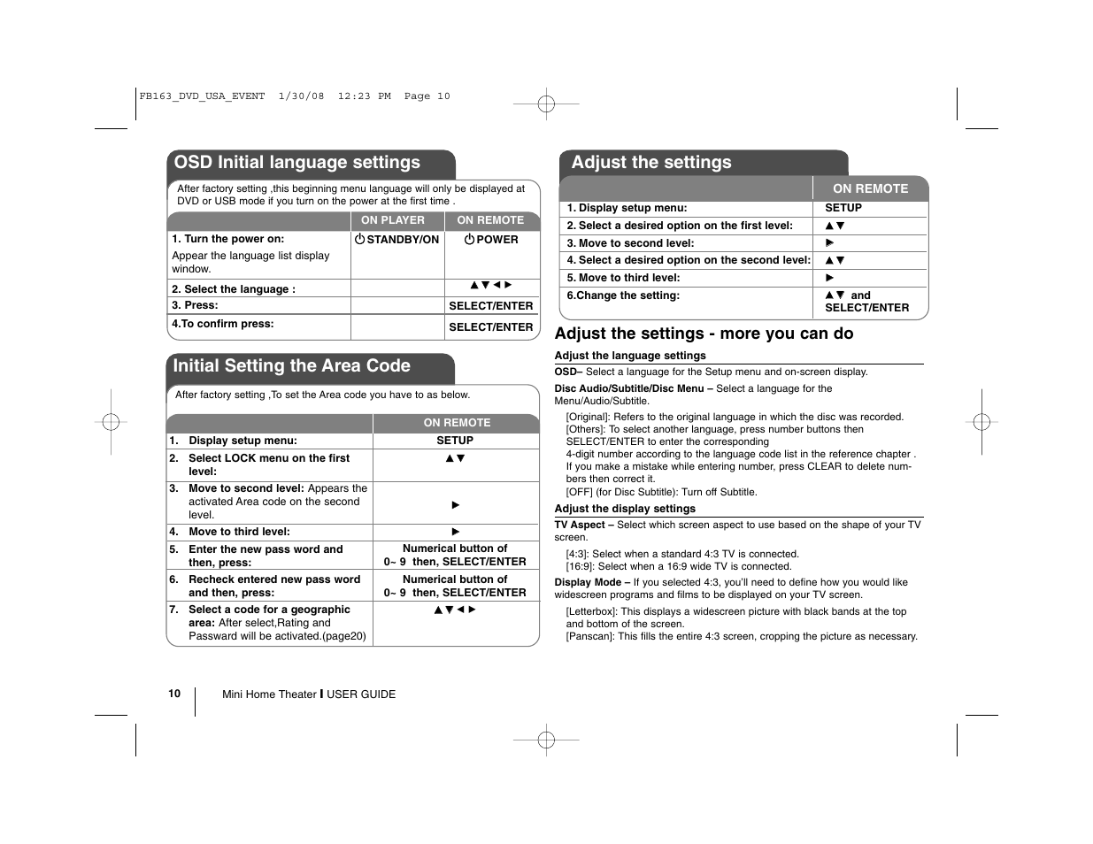 Adjust the settings, Osd initial language setting s, Initial setting the area code | Adjust the settings - more you can do | LG LFD850 User Manual | Page 10 / 24
