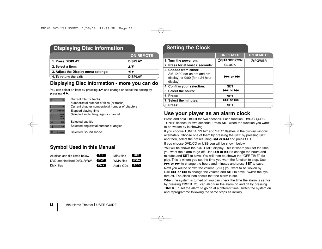 Displaying disc information, Use your player as an alarm clock, Setting the clock | Displaying disc information - more you can do, Symbol used in this manual | LG LFD850 User Manual | Page 12 / 24