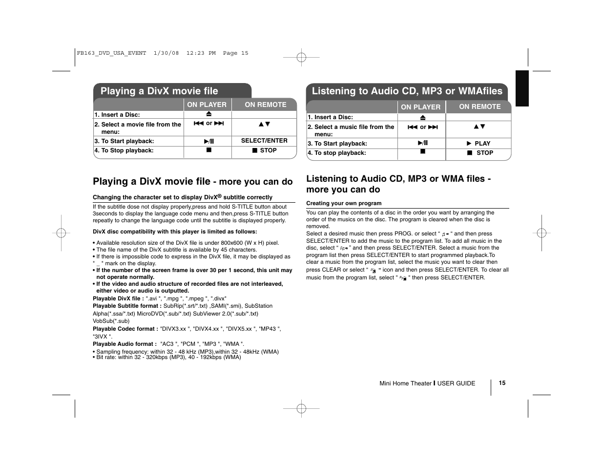 Playing a divx movie file, Listening to audio cd, mp3 or wmafiles, More you can do | LG LFD850 User Manual | Page 15 / 24