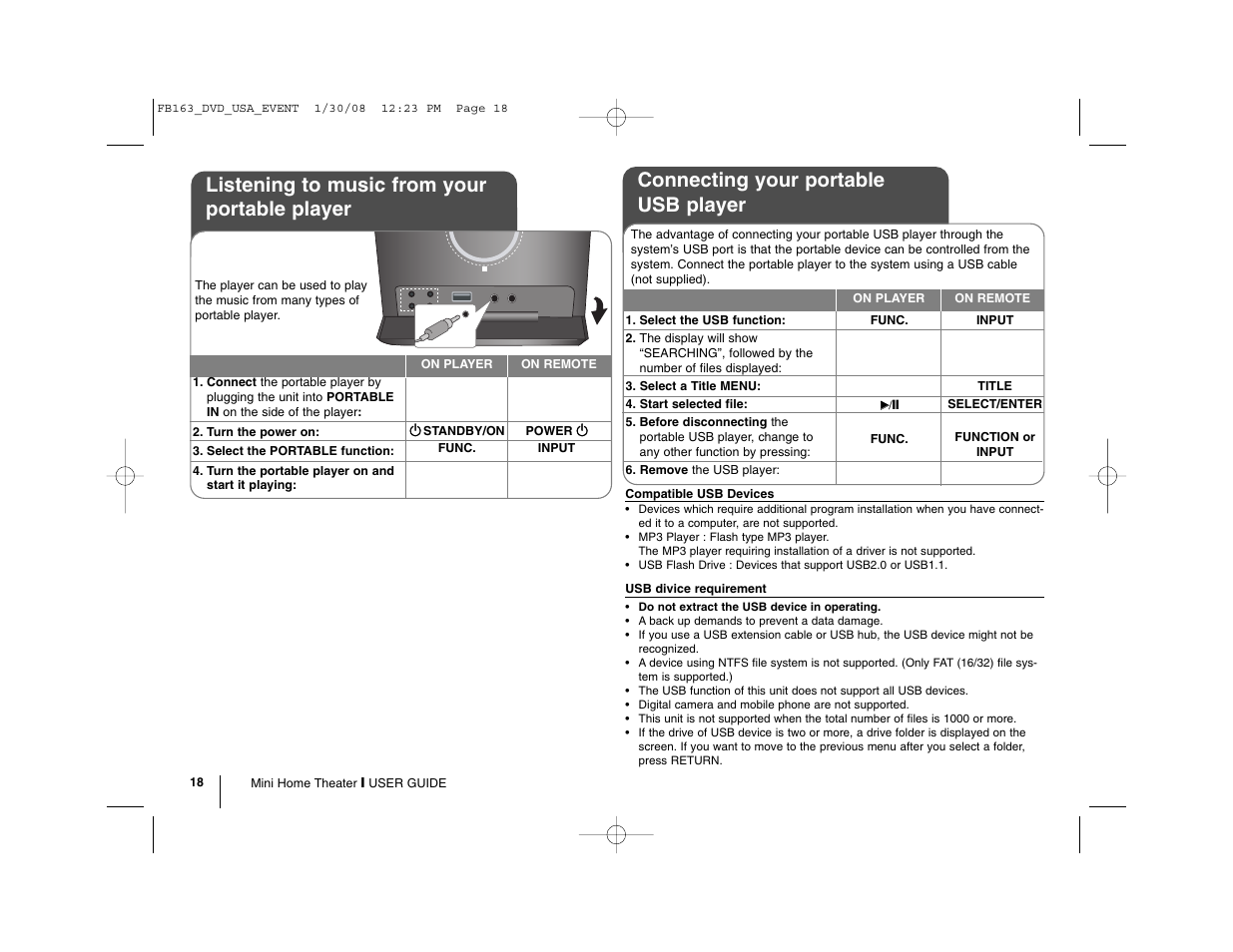Connecting your portable usb player, Listening to music from your portable player | LG LFD850 User Manual | Page 18 / 24