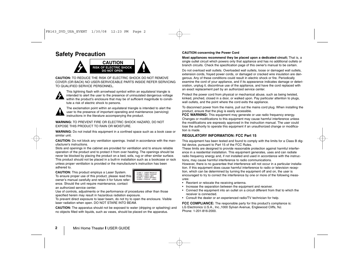 Safety precaution, Caution | LG LFD850 User Manual | Page 2 / 24