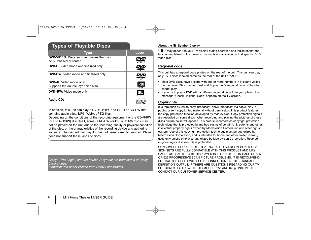 Types of playable discs | LG LFD850 User Manual | Page 4 / 24