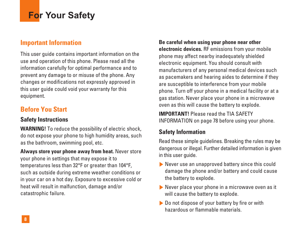 For your safety, Important information, Before you start | LG C1500 User Manual | Page 12 / 104