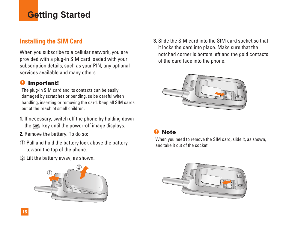 Getting started, Installing the sim card | LG C1500 User Manual | Page 20 / 104