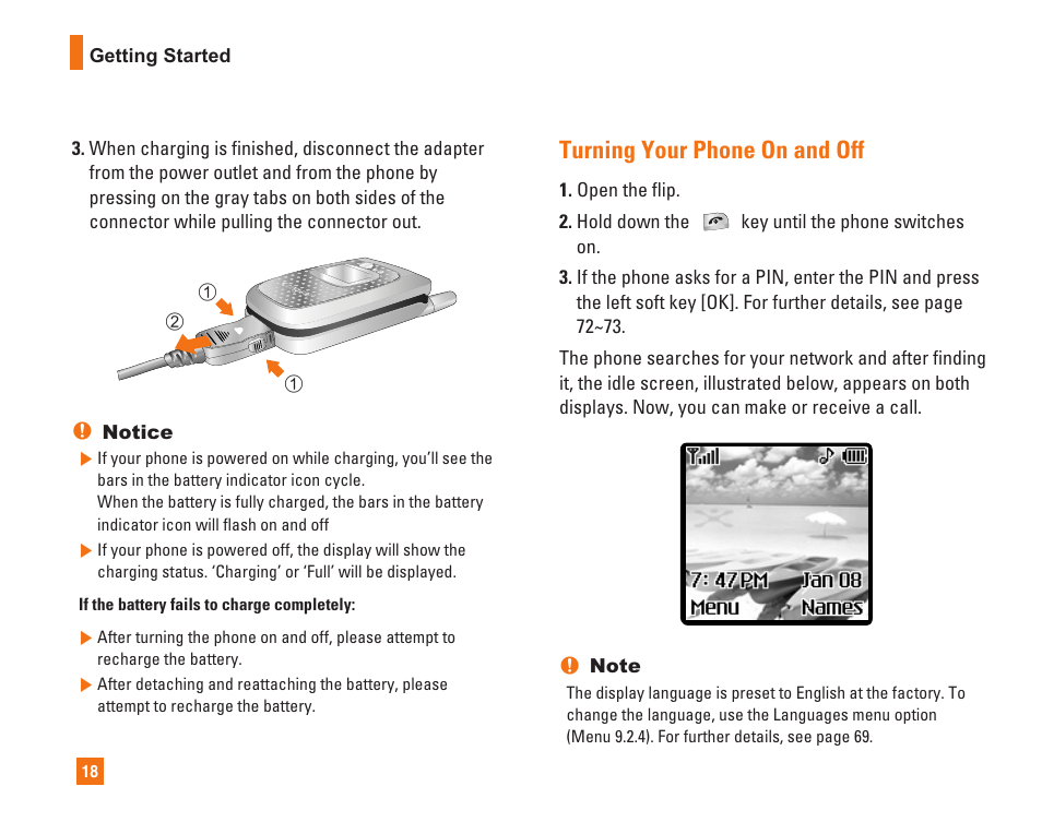 Turning your phone on and off | LG C1500 User Manual | Page 22 / 104