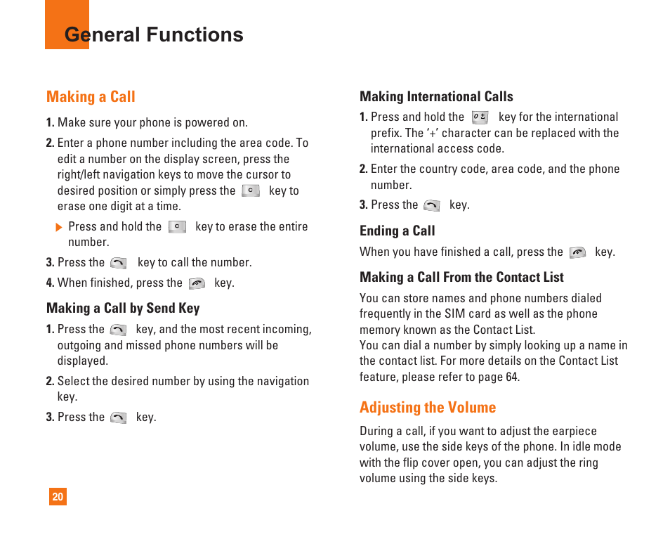 General functions, Making a call, Adjusting the volume | LG C1500 User Manual | Page 24 / 104