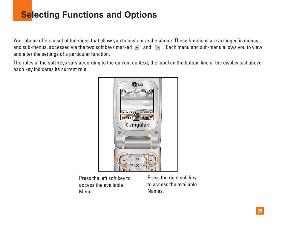 Selecting functions and options | LG C1500 User Manual | Page 29 / 104