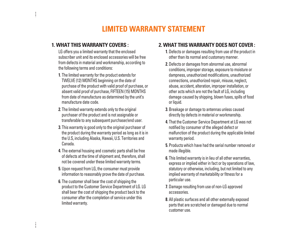 Limited warranty statement | LG C1500 User Manual | Page 3 / 104