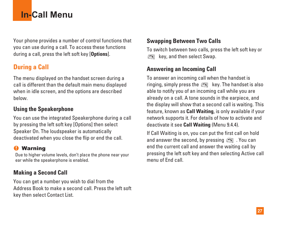 In-call menu, During a call | LG C1500 User Manual | Page 31 / 104