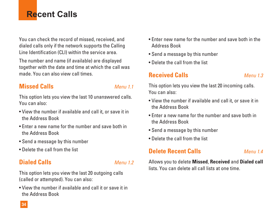 Recent calls, Missed calls, Dialed calls | Received calls, Delete recent calls | LG C1500 User Manual | Page 38 / 104