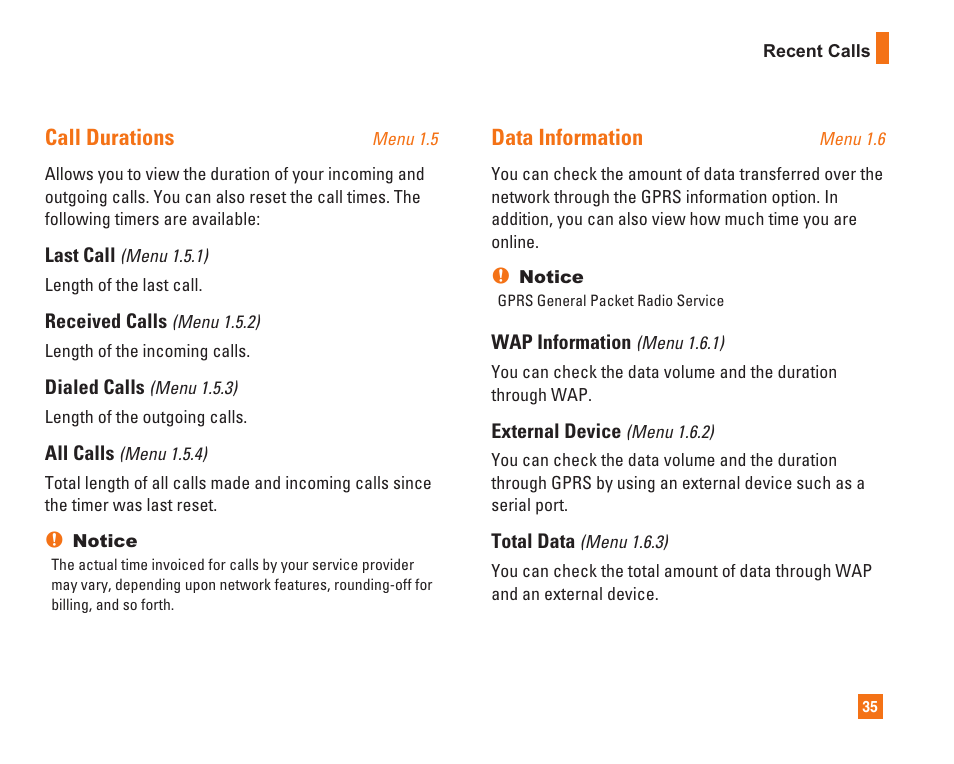 Call durations, Data information | LG C1500 User Manual | Page 39 / 104