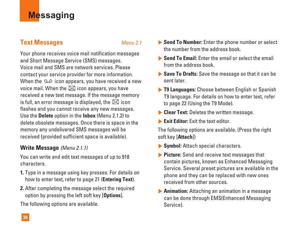 Messaging, Text messages | LG C1500 User Manual | Page 40 / 104