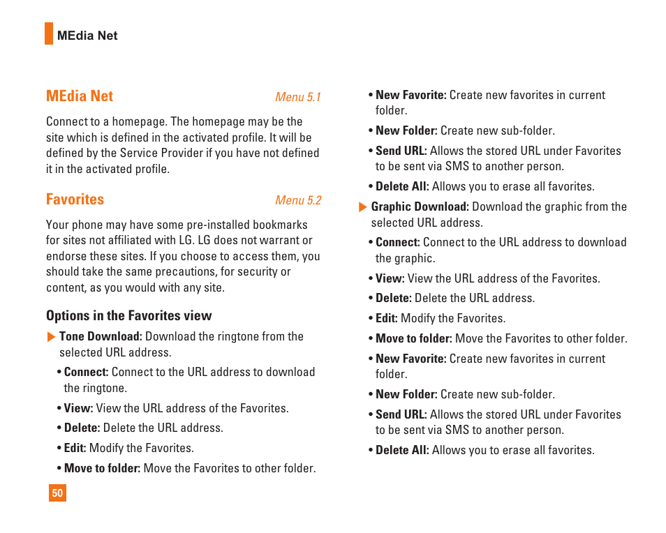 Media net, Favorites | LG C1500 User Manual | Page 54 / 104