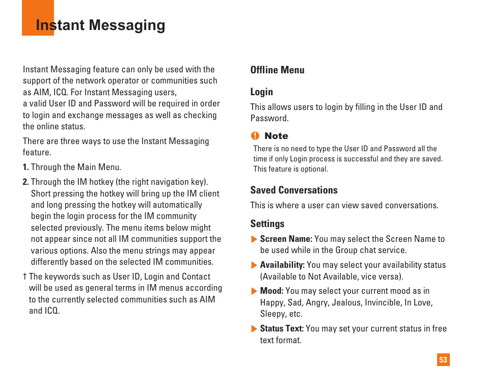 Instant messaging | LG C1500 User Manual | Page 57 / 104