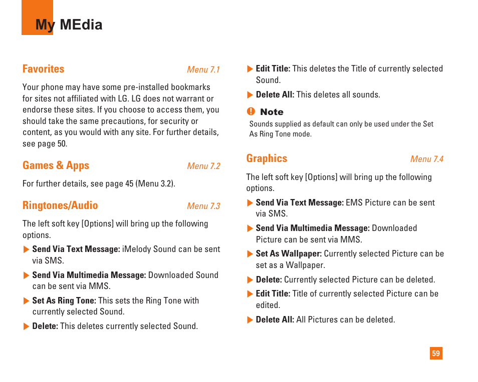 My media, Favorites, Games & apps | Ringtones/audio, Graphics | LG C1500 User Manual | Page 63 / 104