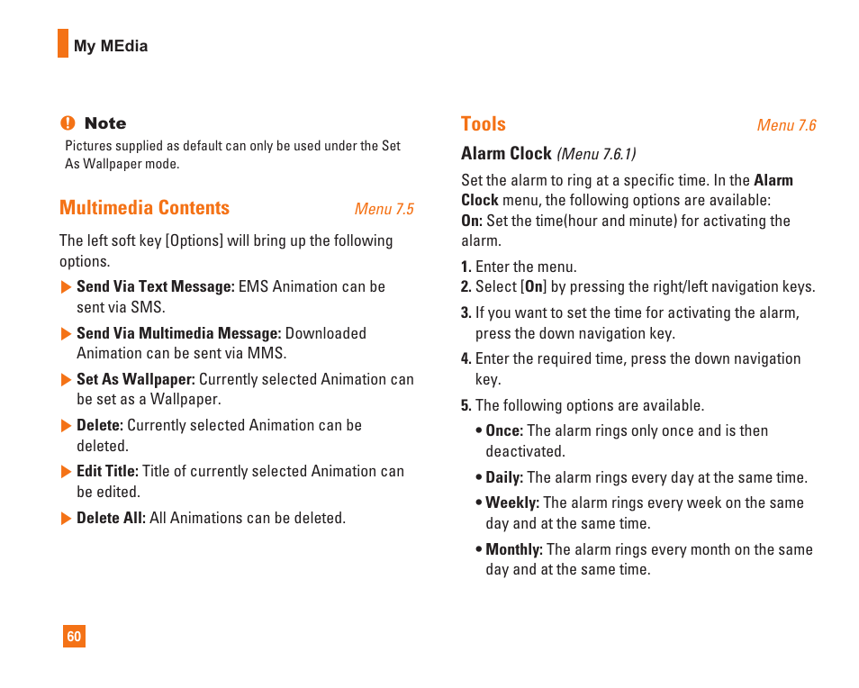 Multimedia contents, Tools | LG C1500 User Manual | Page 64 / 104