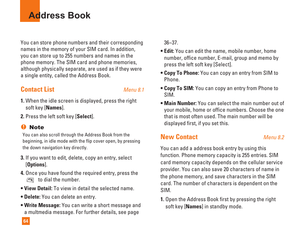 Address book, Contact list, New contact | LG C1500 User Manual | Page 68 / 104