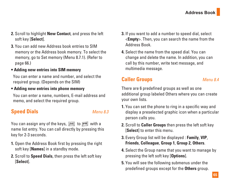 Speed dials, Caller groups | LG C1500 User Manual | Page 69 / 104