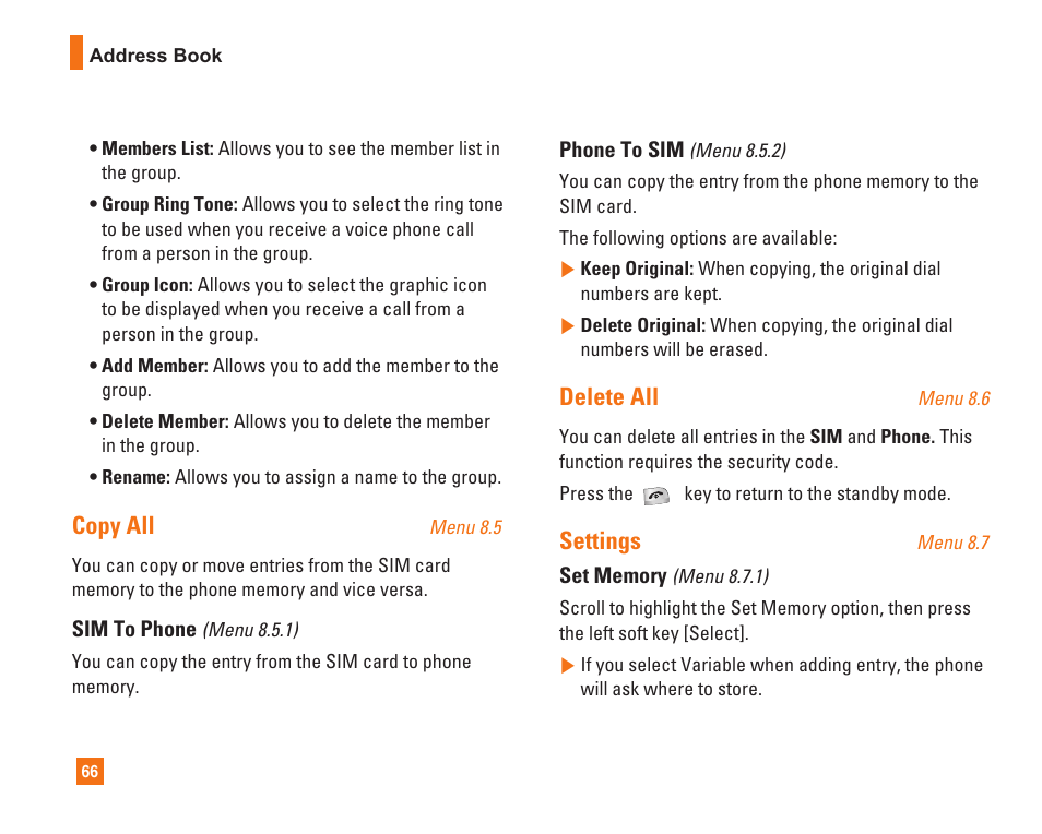 Copy all, Delete all, Settings | LG C1500 User Manual | Page 70 / 104