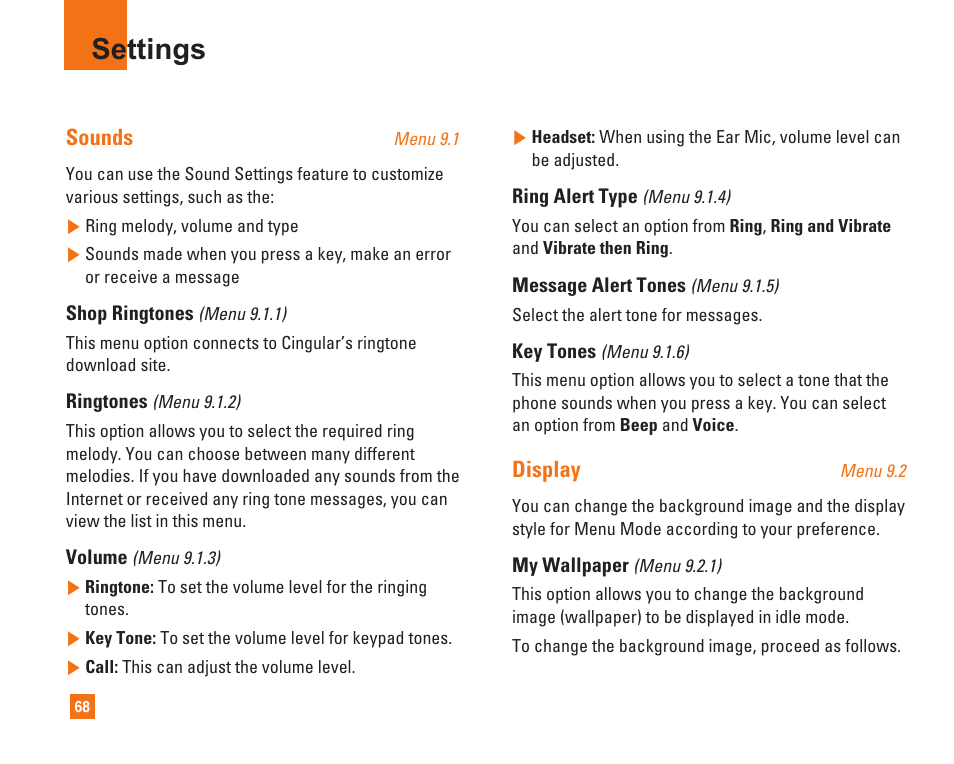 Settings, Sounds, Display | LG C1500 User Manual | Page 72 / 104