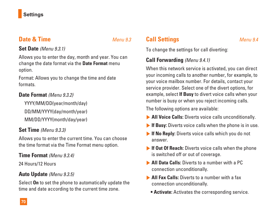 Date & time, Call settings | LG C1500 User Manual | Page 74 / 104