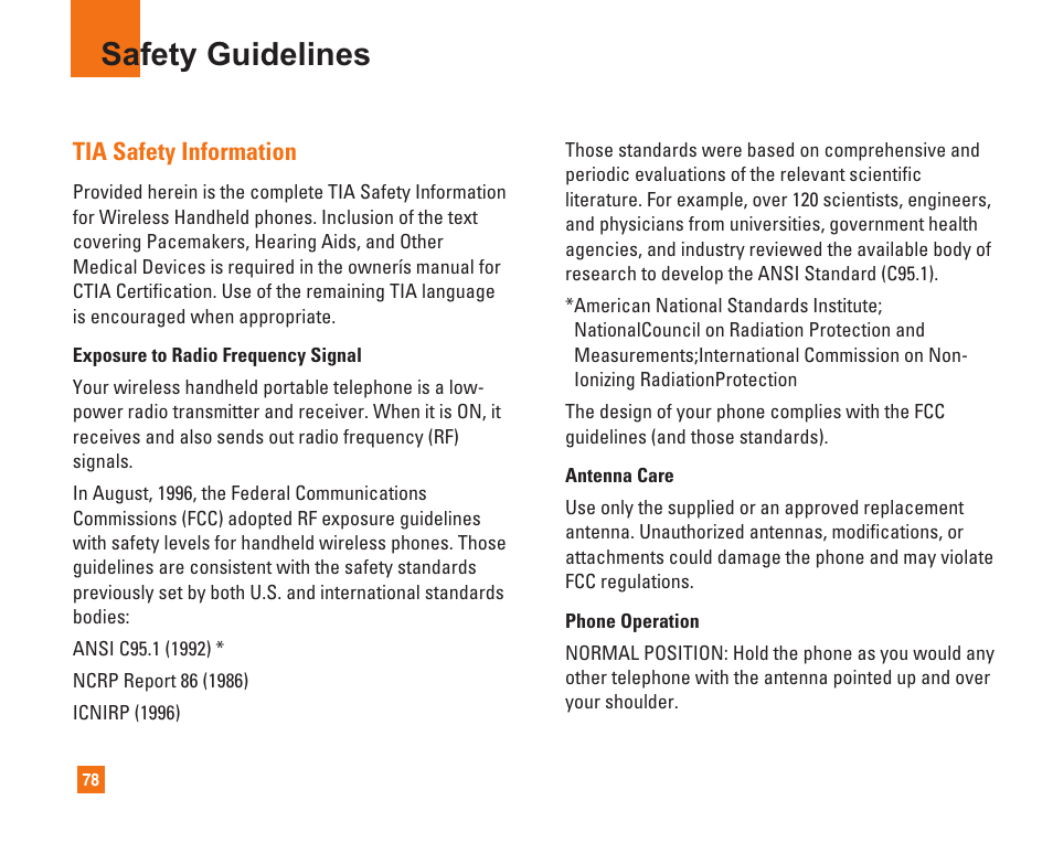 Safety guidelines, Tia safety information | LG C1500 User Manual | Page 82 / 104