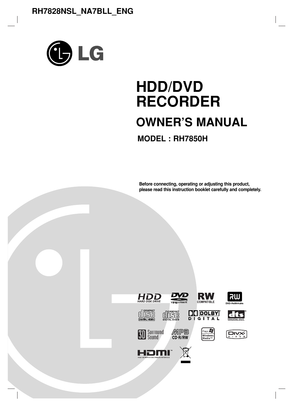 LG RH7850H User Manual | 62 pages