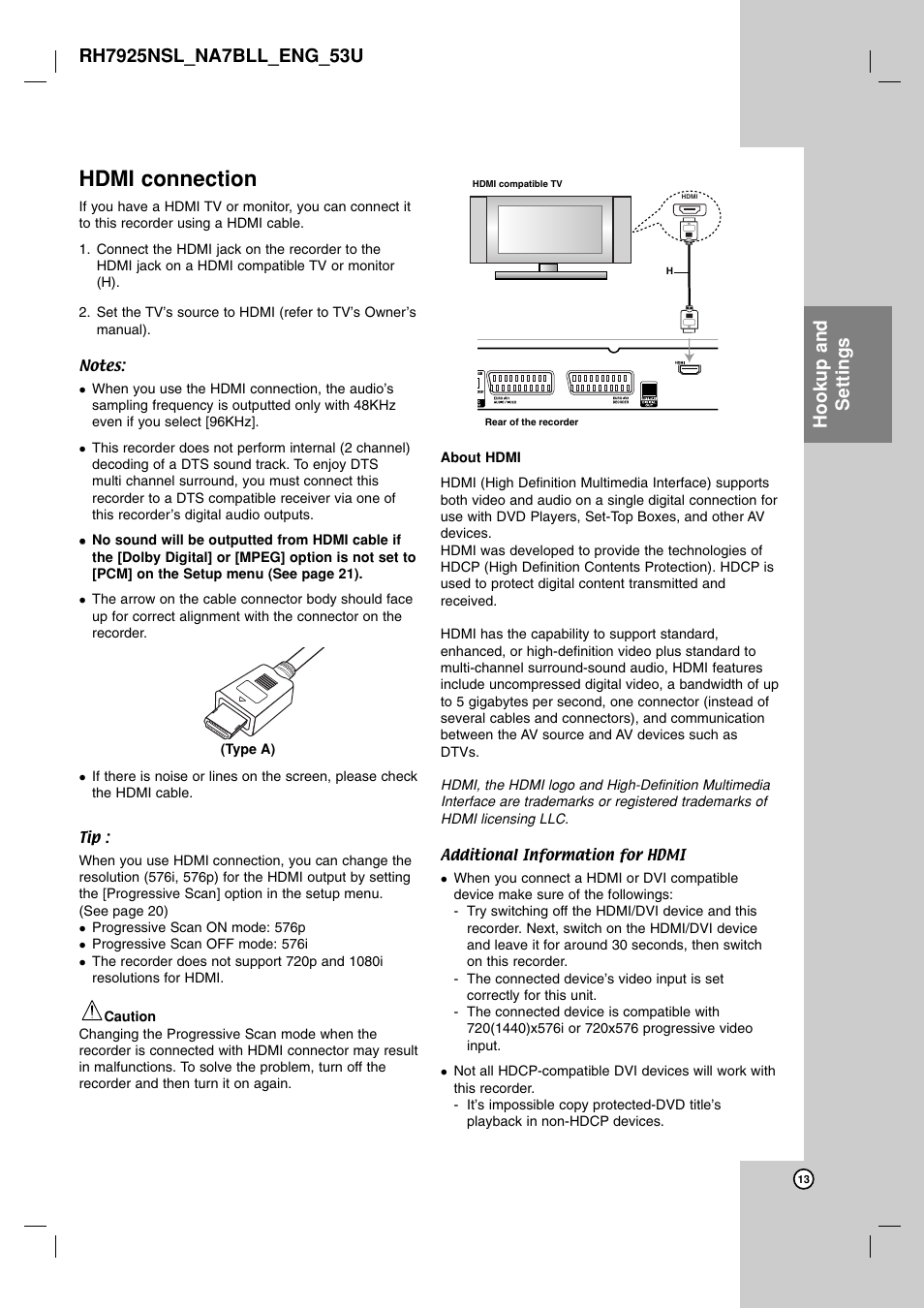 Hdmi connection, Hookup and settings | LG RH7850H User Manual | Page 13 / 62