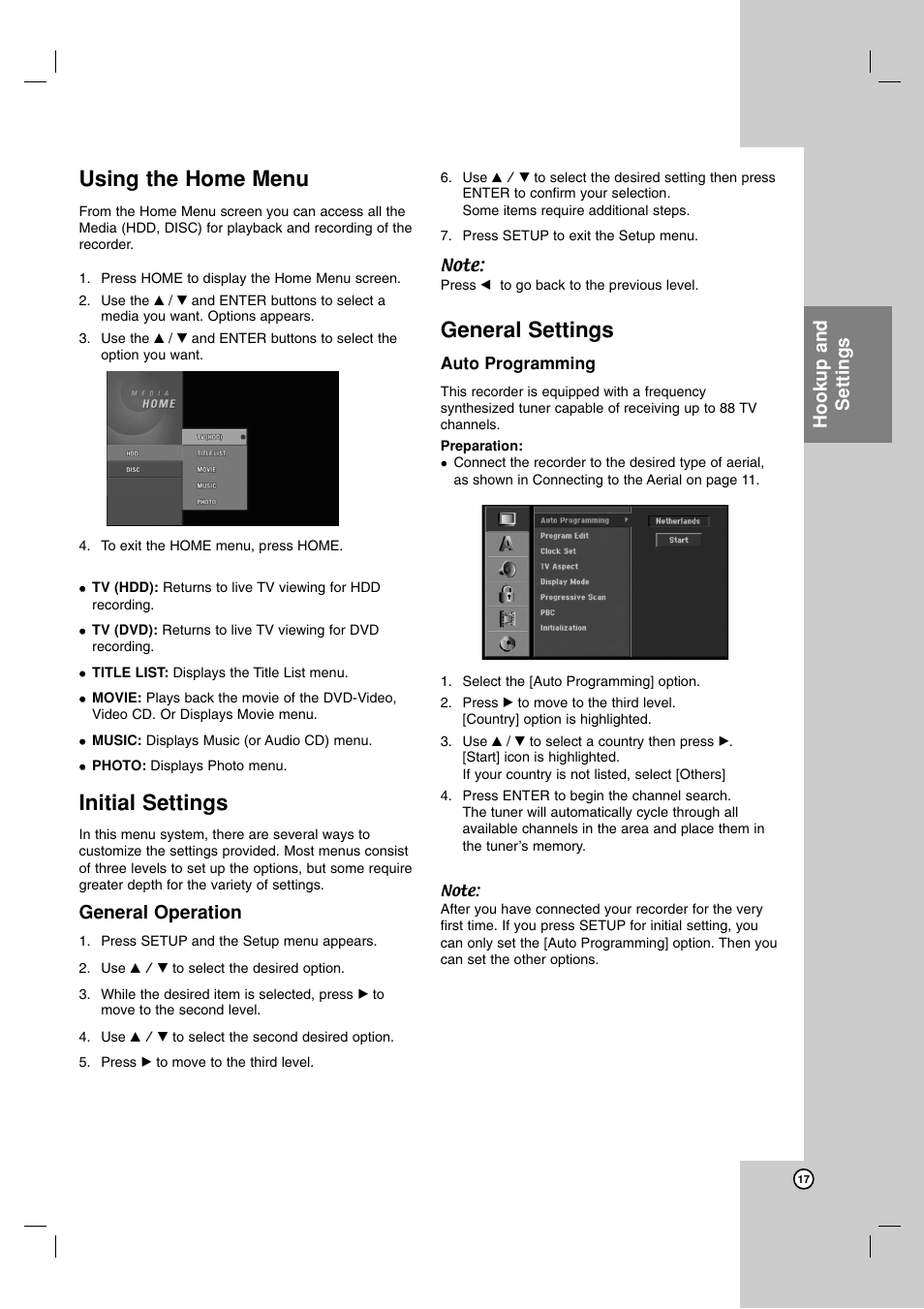 Using the home menu, Initial settings, General settings | Hookup and settings, General operation | LG RH7850H User Manual | Page 17 / 62