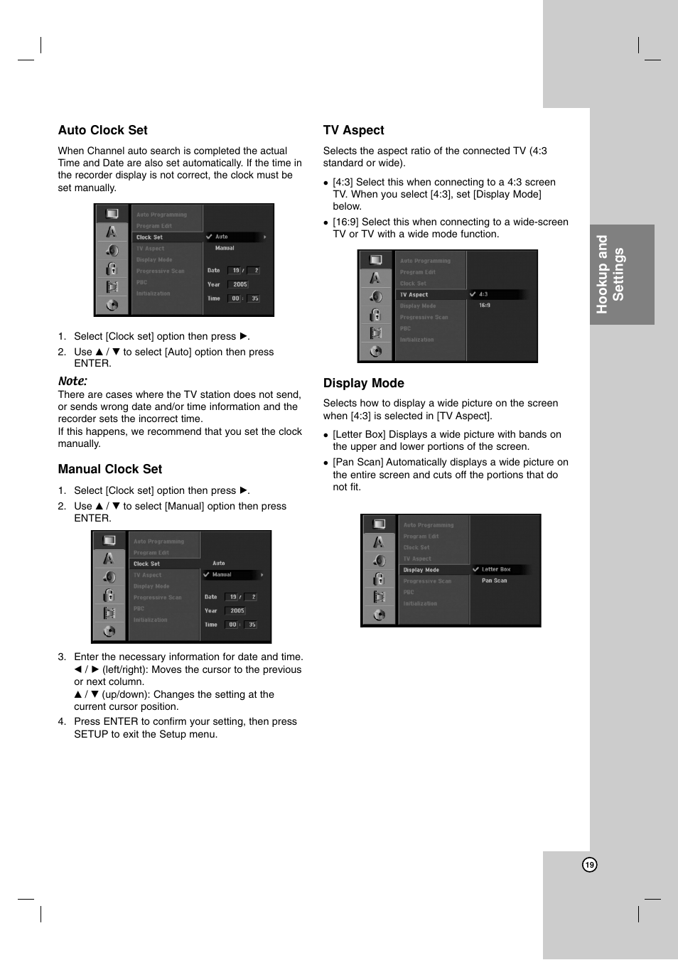 Hookup and settings | LG RH7850H User Manual | Page 19 / 62