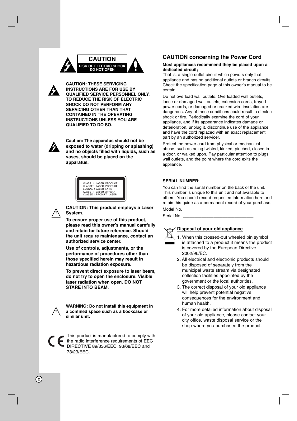 Caution | LG RH7850H User Manual | Page 2 / 62